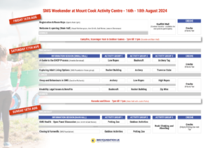 Outline schedule of activities planned for our National Event at the Mount Cook Activity Centre in August 2024