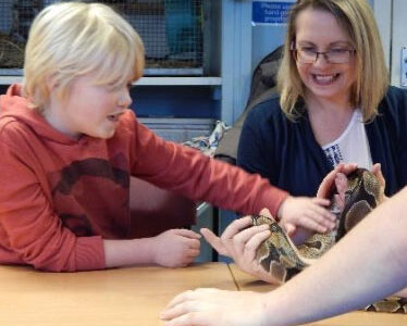 Young boy and mum with mobile zoo